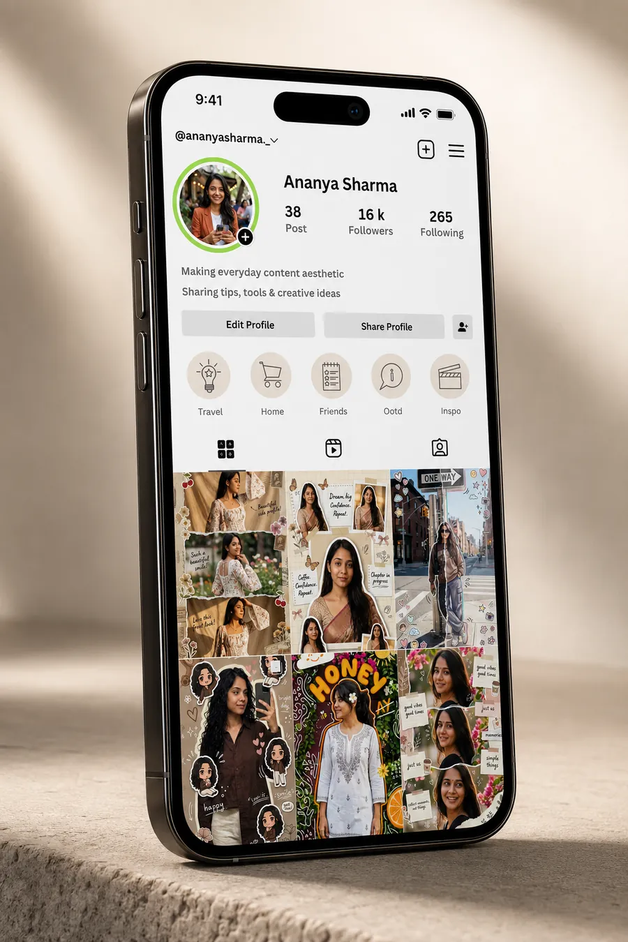Instagram profile feed made entirely of aesthetic photos created with The Aesthetic Creator Kit